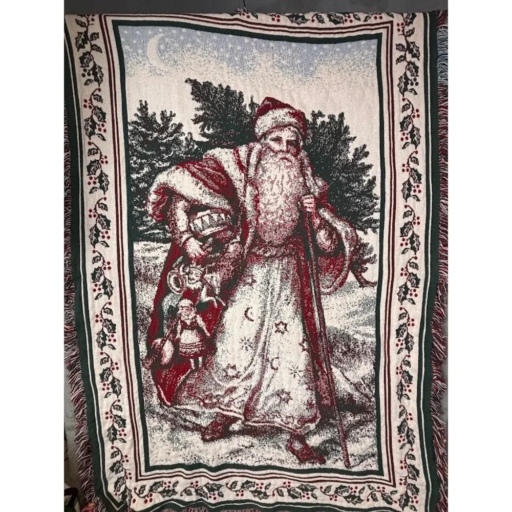 Vintage Style Old World Santa Claus Woven Tapestry Throw Blanket Holly Fringe